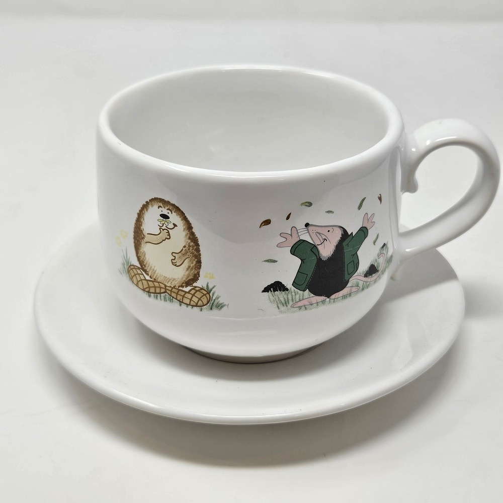 Vintage Wade England Hedgehog and Mole Tea Cup and Saucer Set White Ceramic